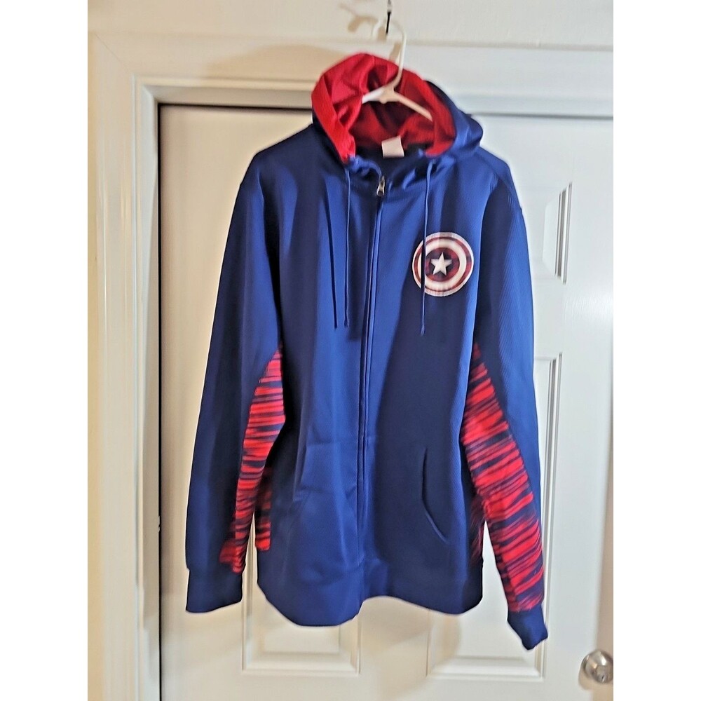 Marvel Captain America Mens XL Jacket Blue Red Logo Hoodie Full Zip